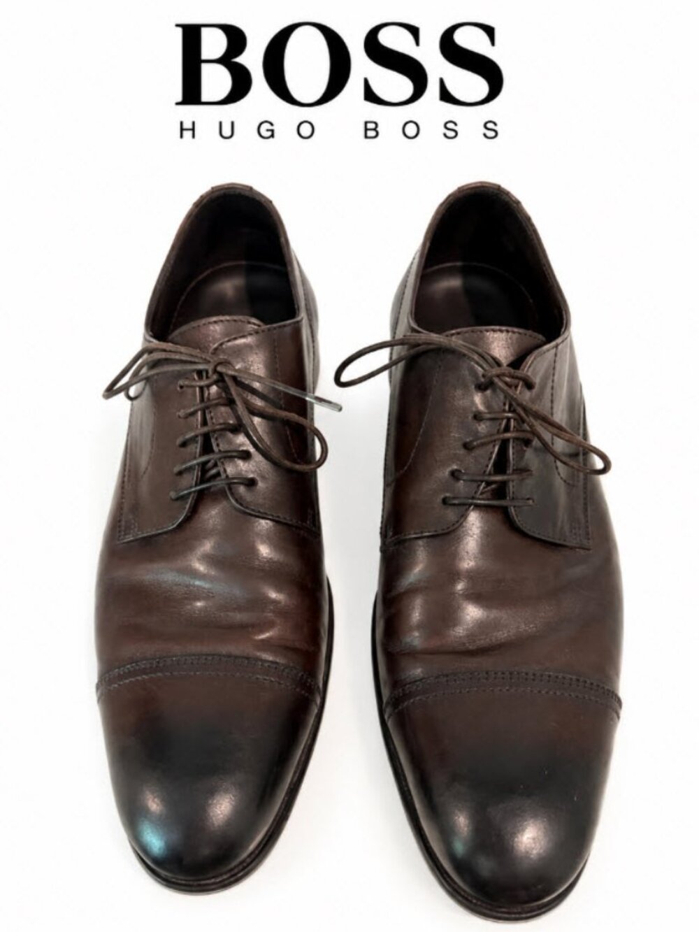 Hugo Boss Brown Leather Cap Toe Oxford Dress Shoes Made in Italy 7